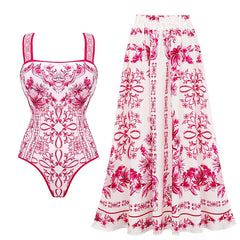Flaxmaker Summer New Women Sexy Hawaiian Lace Up V Neck Ruffle Swimsuit and Sarong Women Swimwear Set Push Up Bathing Suit