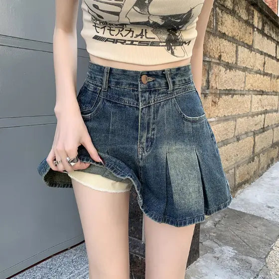 Denim Pleated For Women Summer High Waist Anti-exposure Skirt - kinko