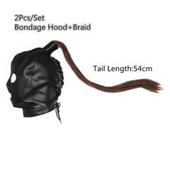 Exotic Accessories of Gay Men Leather Tank harness Bdsm Open Mouth Bondage Hood Mask with Braid Tail for Fetish Cosplay Sex Toys