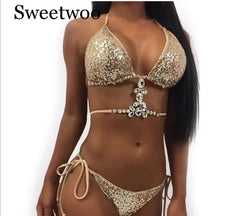 2019 New Ornaments Swimwear Women Sequins Diamond Bikini set Bathing Suit Sexy Push up Stones Straps Swimsuit Monokini