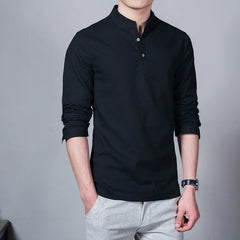 Men's Clothing Men Spring Tops & Tees Male Fashion T-Shirts Stand Collar Long-sleeved Slim Base Shirt Homme Linen t-shirt