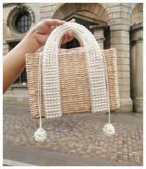 Pearls Beach Bag Women 2020 Summer New Elegant Woven Beaded Straw Bag Female Bohemia Knitted Large Tote Handbag Vacation Casual