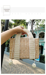 Pearls Beach Bag Women 2020 Summer New Elegant Woven Beaded Straw Bag Female Bohemia Knitted Large Tote Handbag Vacation Casual