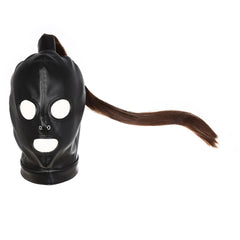 Exotic Accessories of Gay Men Leather Tank harness Bdsm Open Mouth Bondage Hood Mask with Braid Tail for Fetish Cosplay Sex Toys