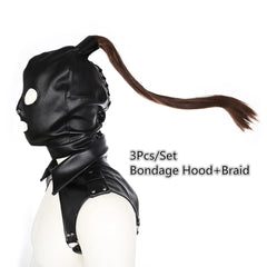 Exotic Accessories of Gay Men Leather Tank harness Bdsm Open Mouth Bondage Hood Mask with Braid Tail for Fetish Cosplay Sex Toys
