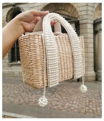 Pearls Beach Bag Women 2020 Summer New Elegant Woven Beaded Straw Bag Female Bohemia Knitted Large Tote Handbag Vacation Casual