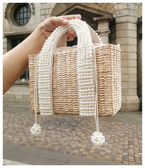 Pearls Beach Bag Women 2020 Summer New Elegant Woven Beaded Straw Bag Female Bohemia Knitted Large Tote Handbag Vacation Casual