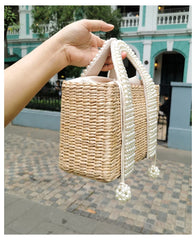 Pearls Beach Bag Women 2020 Summer New Elegant Woven Beaded Straw Bag Female Bohemia Knitted Large Tote Handbag Vacation Casual