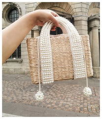 Pearls Beach Bag Women 2020 Summer New Elegant Woven Beaded Straw Bag Female Bohemia Knitted Large Tote Handbag Vacation Casual