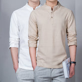 Men's Clothing Men Spring Tops & Tees Male Fashion T-Shirts Stand Collar Long-sleeved Slim Base Shirt Homme Linen t-shirt