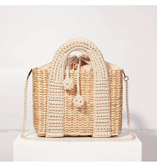 Pearls Beach Bag Women 2020 Summer New Elegant Woven Beaded Straw Bag Female Bohemia Knitted Large Tote Handbag Vacation Casual