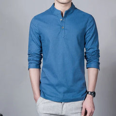 Men's Clothing Men Spring Tops & Tees Male Fashion T-Shirts Stand Collar Long-sleeved Slim Base Shirt Homme Linen t-shirt