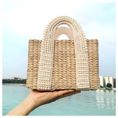 Pearls Beach Bag Women 2020 Summer New Elegant Woven Beaded Straw Bag Female Bohemia Knitted Large Tote Handbag Vacation Casual