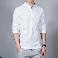 Men's Clothing Men Spring Tops & Tees Male Fashion T-Shirts Stand Collar Long-sleeved Slim Base Shirt Homme Linen t-shirt