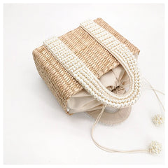 Pearls Beach Bag Women 2020 Summer New Elegant Woven Beaded Straw Bag Female Bohemia Knitted Large Tote Handbag Vacation Casual
