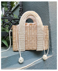 Pearls Beach Bag Women 2020 Summer New Elegant Woven Beaded Straw Bag Female Bohemia Knitted Large Tote Handbag Vacation Casual