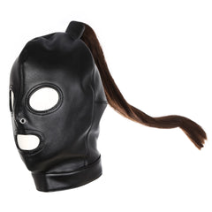 Exotic Accessories of Gay Men Leather Tank harness Bdsm Open Mouth Bondage Hood Mask with Braid Tail for Fetish Cosplay Sex Toys