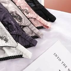 Sexy Girl Thongs Women Glossy Underwear Panty Low Waist Solid Color Satin Fabric Briefs Embroidery Fitness Sports Underpants