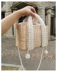Pearls Beach Bag Women 2020 Summer New Elegant Woven Beaded Straw Bag Female Bohemia Knitted Large Tote Handbag Vacation Casual