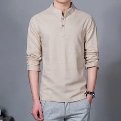 Men's Clothing Men Spring Tops & Tees Male Fashion T-Shirts Stand Collar Long-sleeved Slim Base Shirt Homme Linen t-shirt