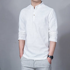 Men's Clothing Men Spring Tops & Tees Male Fashion T-Shirts Stand Collar Long-sleeved Slim Base Shirt Homme Linen t-shirt