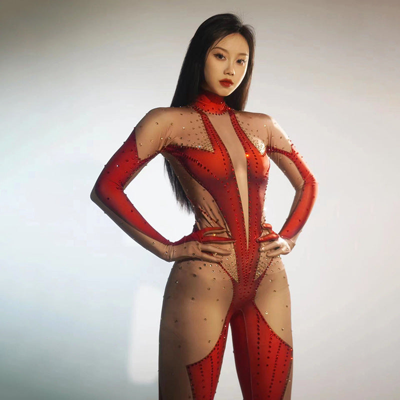 Full Diamond Long-sleeved One-piece Trousers Fake Meat-exposed - kinko