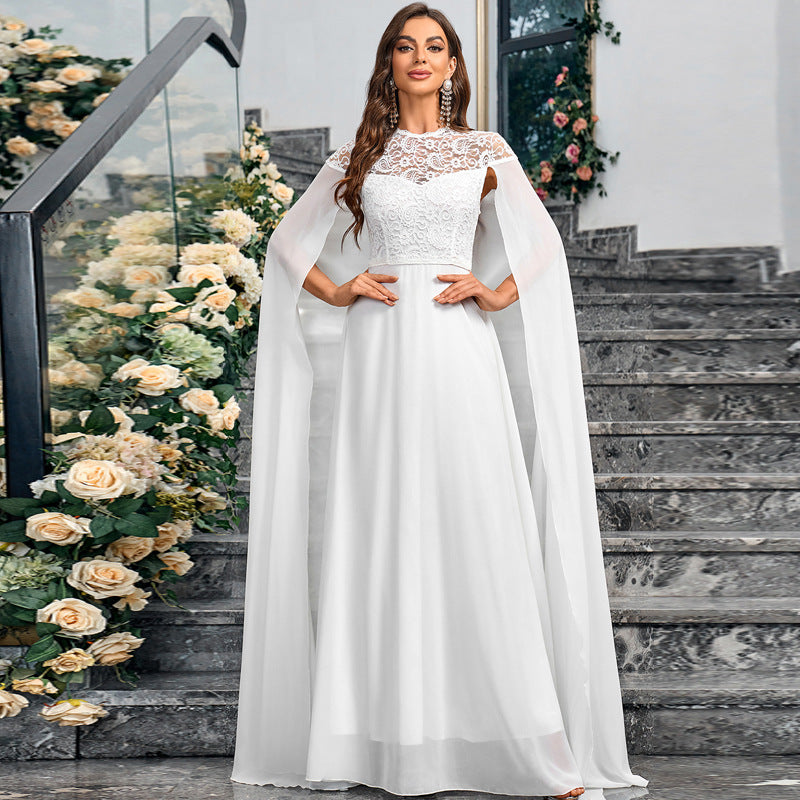 Women's Plus Size Solid Color Elegant Chiffon Round Neck Lace Stitching Cloak Evening Dress - kinko