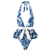 One Piece Swimsuit Women Skinny Slimming Vintage Printed Chiffon Dress With Steel Bracket Hard Bag