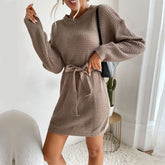 Autumn Winter Sweater Women Lace up Solid Color Long Sleeve Sweater Dress