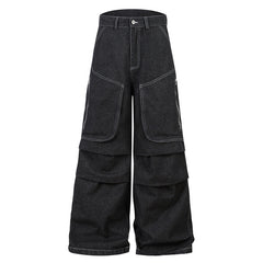 Multi-pocket Pleated Workwear Primary Color Jeans - kinko