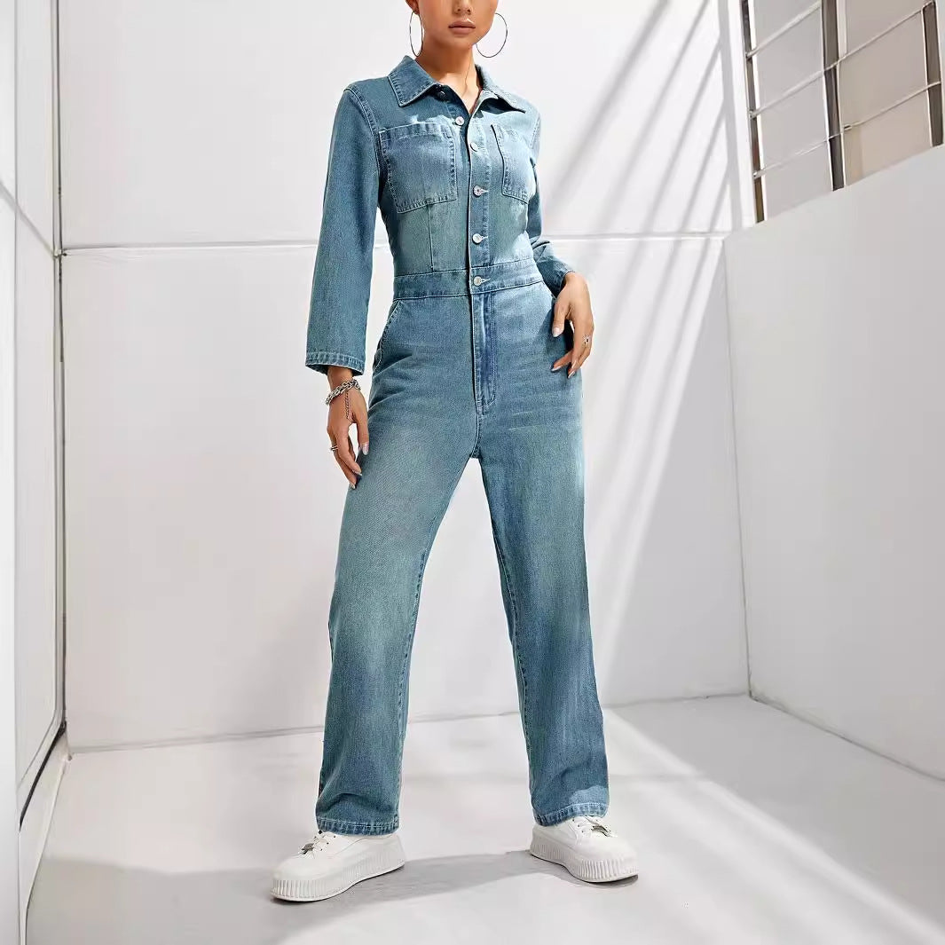Women's Slim-fit Long-sleeved Denim Jumpsuit - kinko