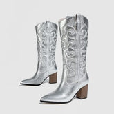 Knee High Boots Thick Sponge Soft Embroidered Floral Personality Pointed Chunky Heel High Heel plus Size Boots Ethnic