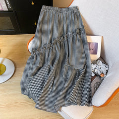 Summer Elastic Waist French Black And White Plaid Irregular A- Line Skirt - kinko