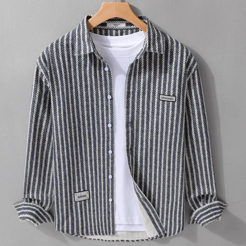 Spring Men's Collar Shirt Jacket Personalized Striped - kinko