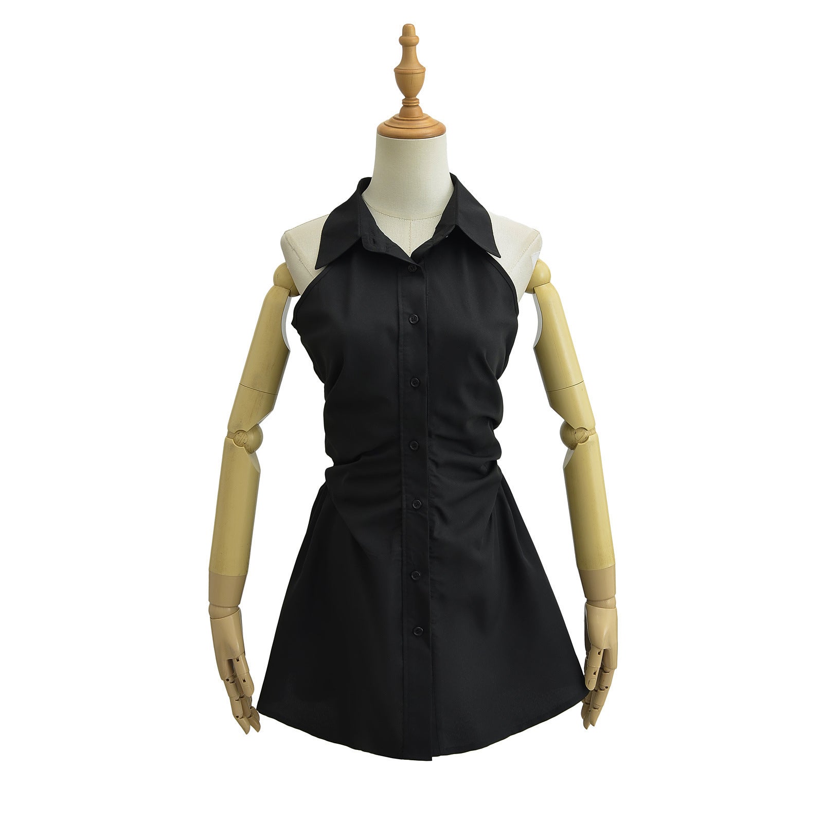 2024 Summer New Pure Desire Style Slim Fit Slimming Waist Pleating Sleeveless Shirt Dress Polo Collar Dress - kinko