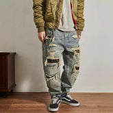 Jeans Men's Loose Straight Tapered Distressed Broken Holes Pants - kinko