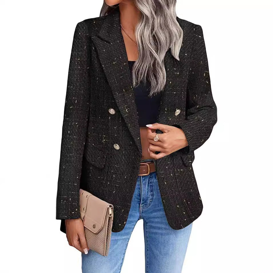 Women's Polyester Tweed Blazer With Fashion Casual Top Pockets - kinko
