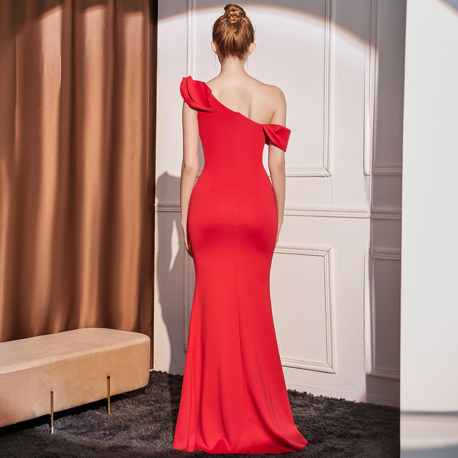 High-end Slant Shoulder Slimming Long Dress - kinko