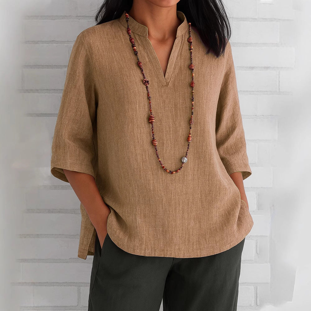 Summer Women's Clothing V-neck 34 Sleeves Cotton And Linen Loose Casual Shirt - kinko