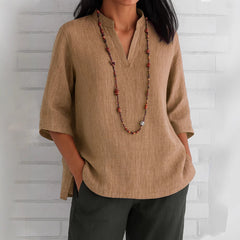 Summer Women's Clothing V-neck 34 Sleeves Cotton And Linen Loose Casual Shirt - kinko