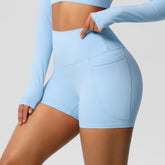 Solid Color Ribbon Pocket Yoga Pants Sports Fitness Shorts Breathable High Waist Belly Contracting Yoga Shorts for Women
