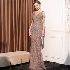 Sequin Long Slim Slimming Fishtail Dress - kinko
