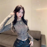 Autumn And Winter Ripped Hollow-out Long-sleeved Bottoming Shirt Inner Wear - kinko