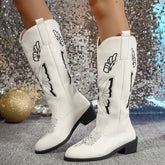 Women’s Tall Western Leather Boots – Embroidered Retro Slip-On Butterfly Design