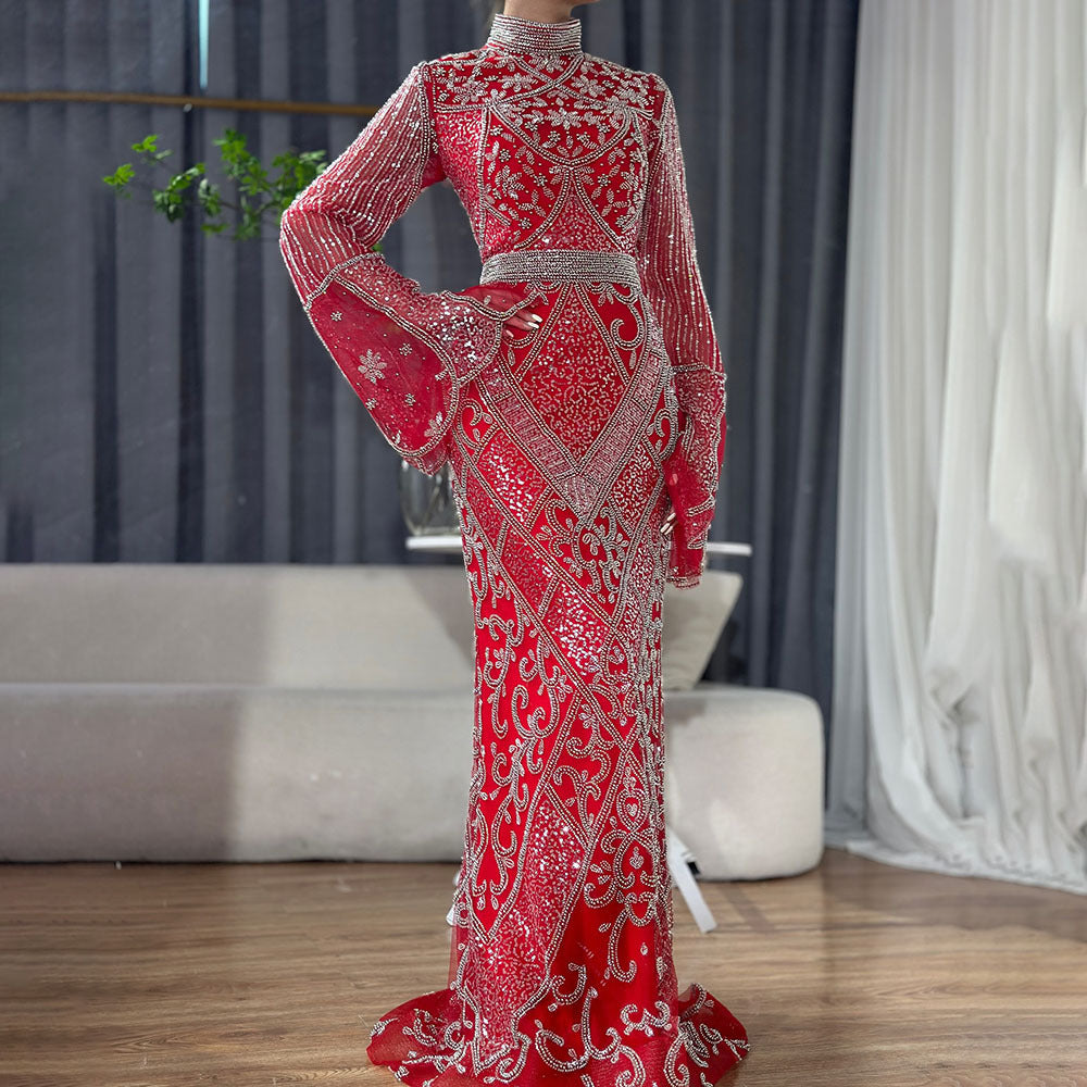 Red High Collar Fishtail Evening Long Dress - kinko