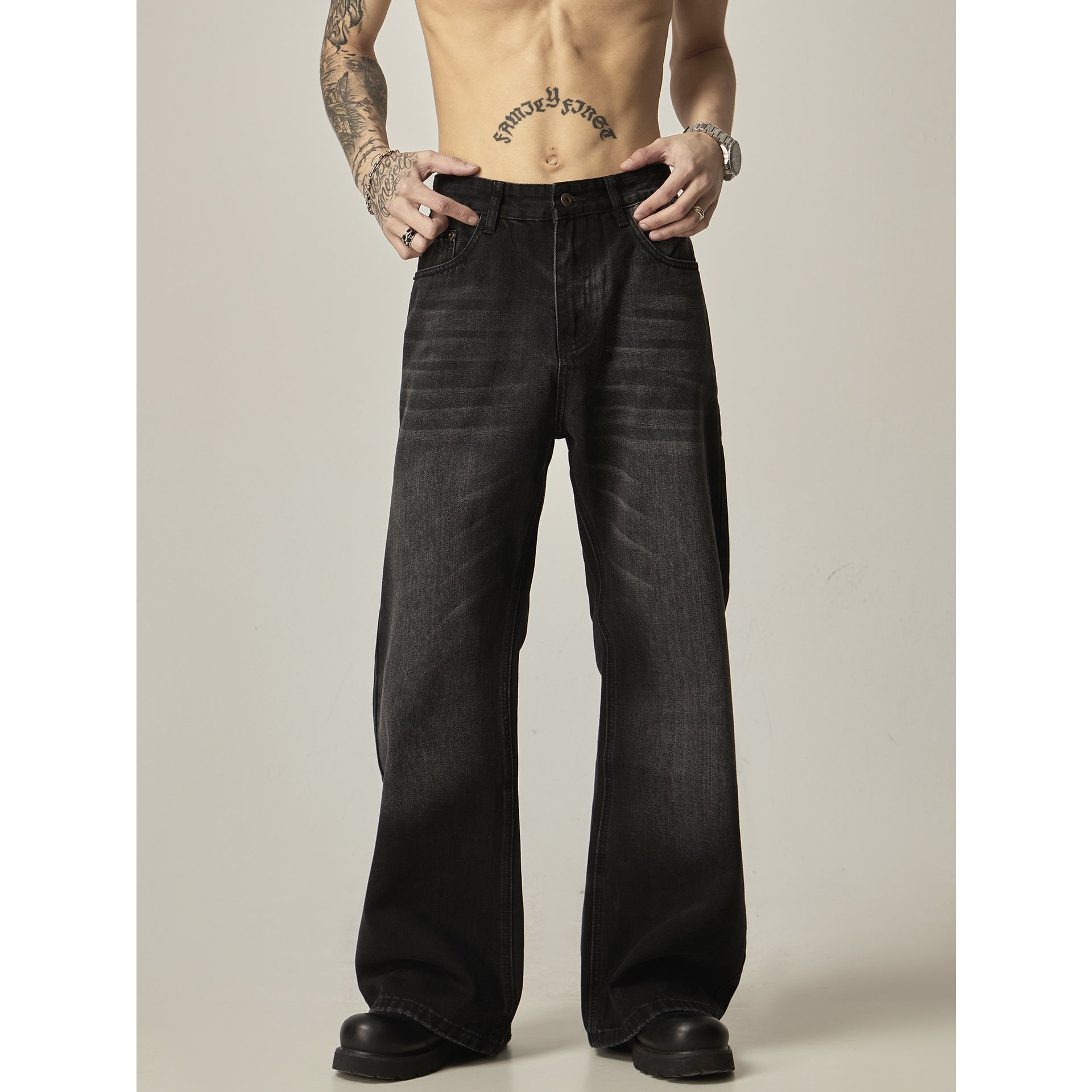 American Retro Black Loose Straight Jeans - kinko