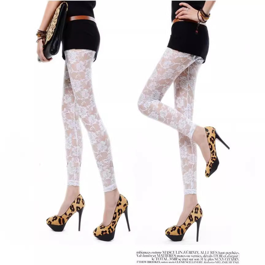 Sexy Tight Slim-fitting Ankle Length Trousers Solid Color Breathable Lace Rose Leggings - kinko