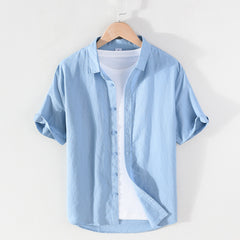 Men's Linen Short-sleeved Shirt Square Collar Casual Cotton And Linen - kinko