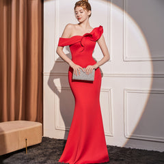 High-end Slant Shoulder Slimming Long Dress - kinko