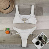Solid Color Split Hollow Out Cutout Snake Fabric Swimsuit Women Sexy Halter Bikini